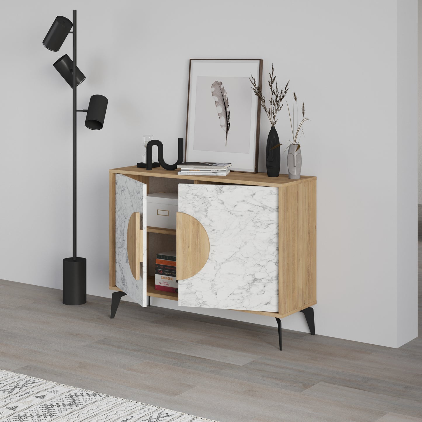 Modern sideboard cabinet with metal legs and closed storage, ideal for living room, dining area or hallway
