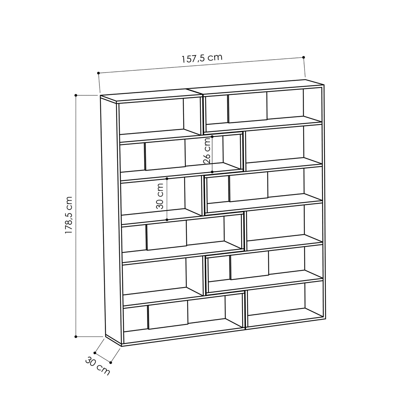 Modular two-piece bookcase with interlocking shelves, usable as a corner unit or straight layout for flexible storage