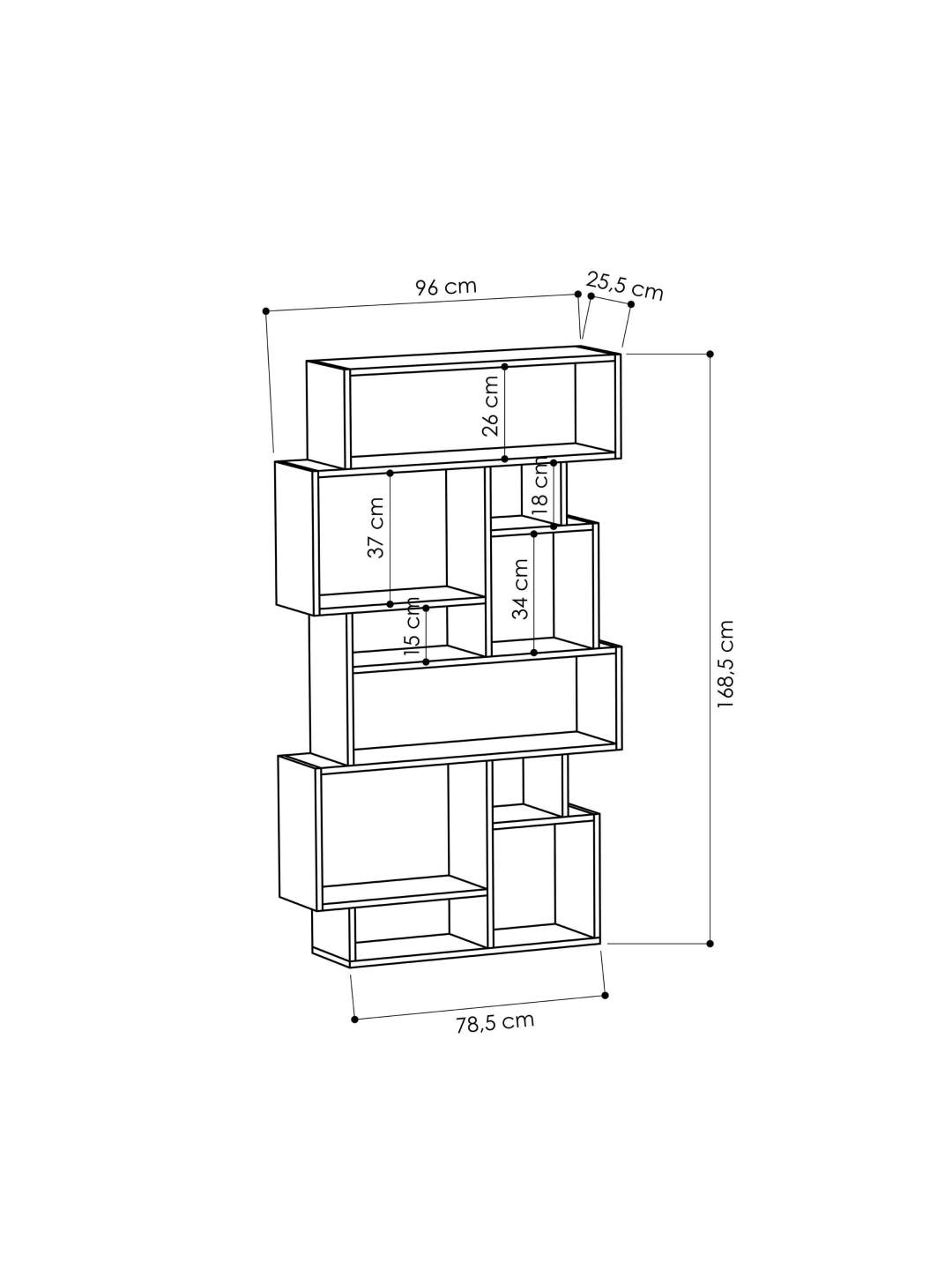 Asymmetrical modern bookcase with open shelves, ideal for books, plants or décor in stylish contemporary interiors