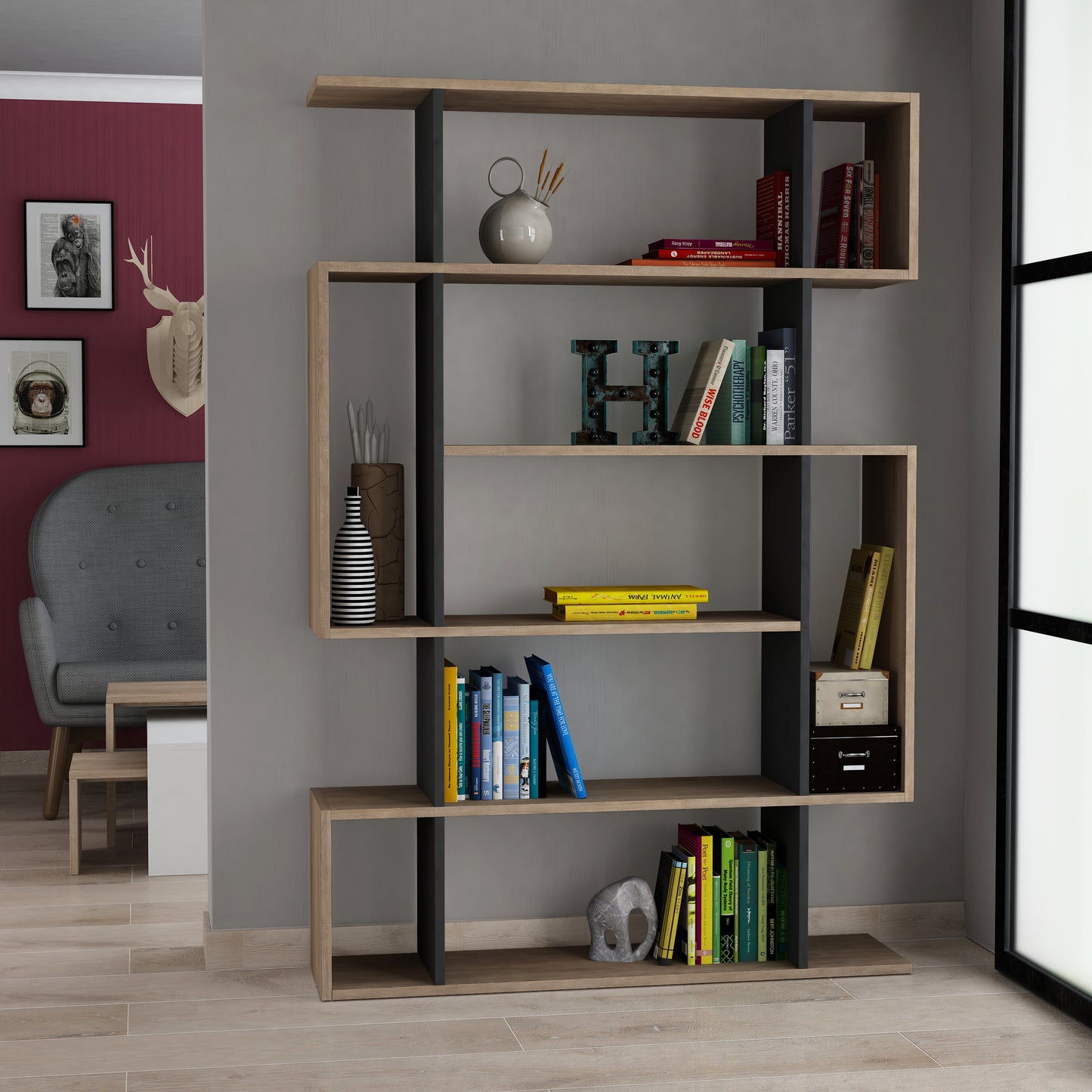 Large asymmetrical bookcase with open shelving, ideal for books, plants or decorative items in modern interiors