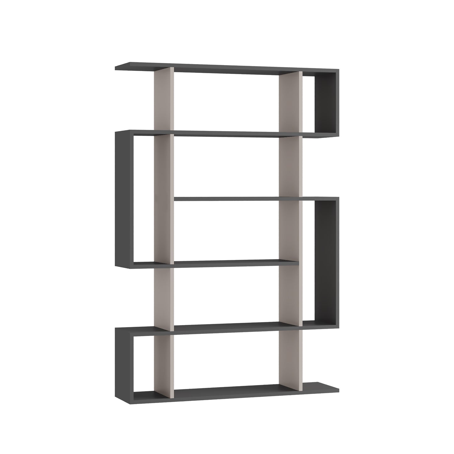 Large asymmetrical bookcase with open shelving, ideal for books, plants or decorative items in modern interiors