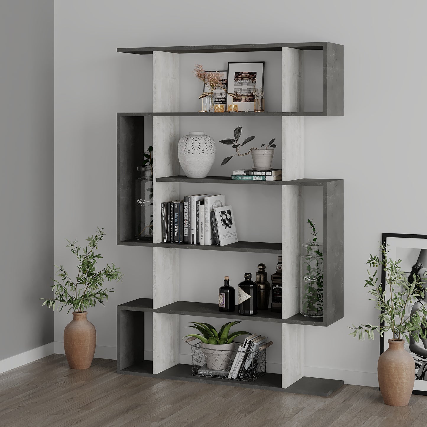 Large asymmetrical bookcase with open shelving, ideal for books, plants or decorative items in modern interiors