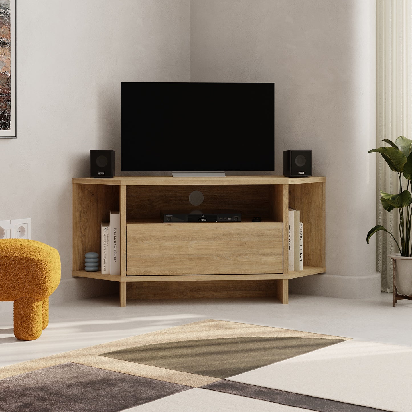 Corner TV Stand for 40 Inch TVs – Lila Modern Unit with Cabinet & Cable Management