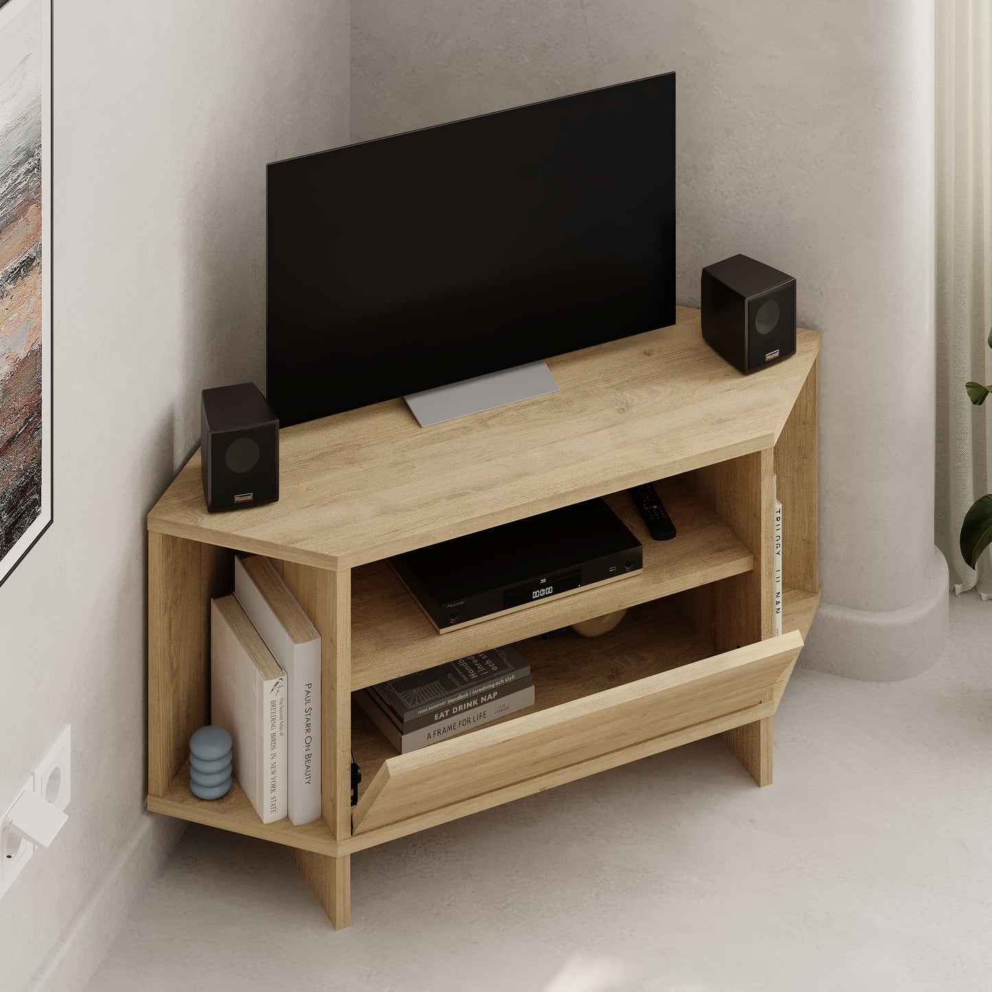 Corner TV Stand for 40 Inch TVs – Lila Modern Unit with Cabinet & Cable Management