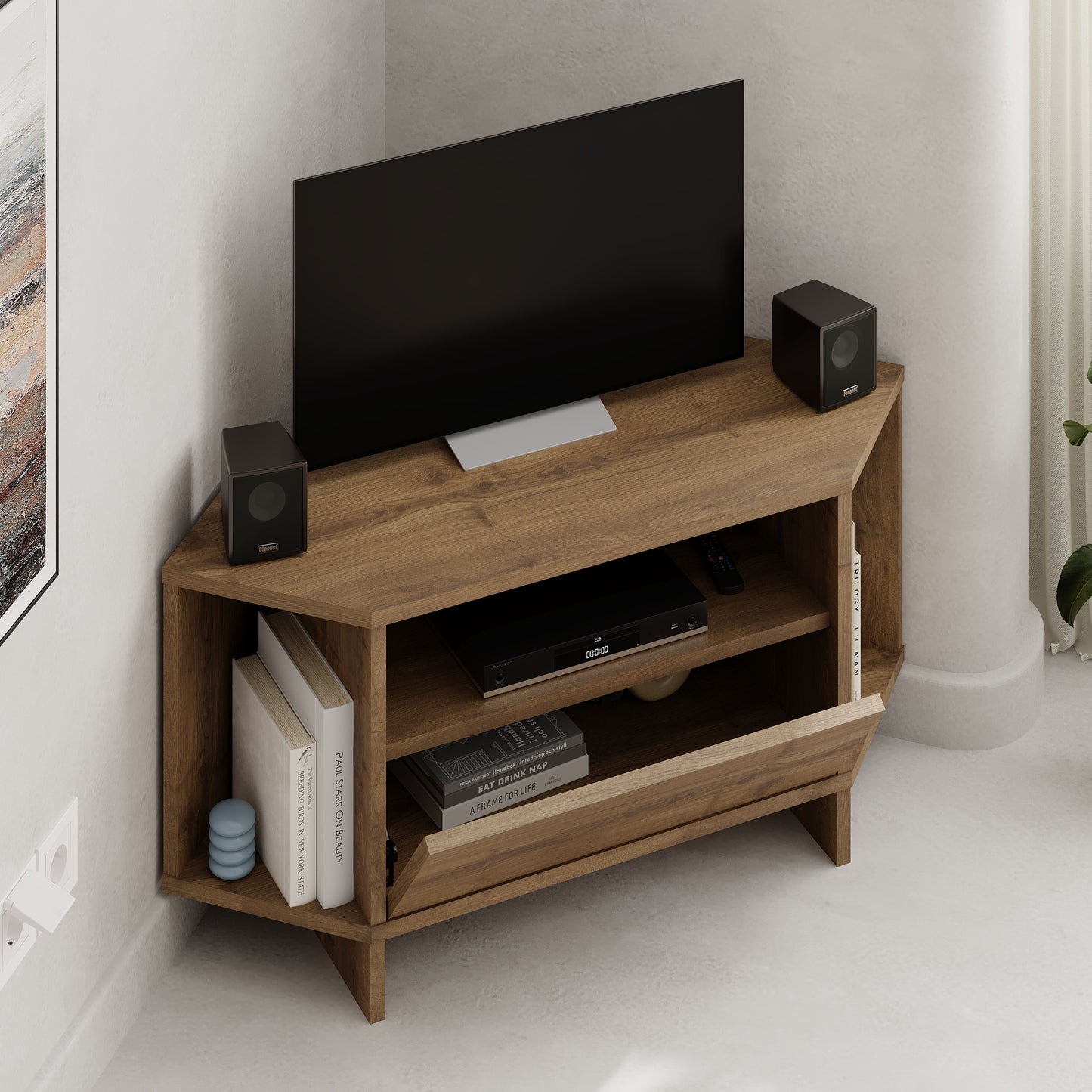 Corner TV Stand for 40 Inch TVs – Lila Modern Unit with Cabinet & Cable Management