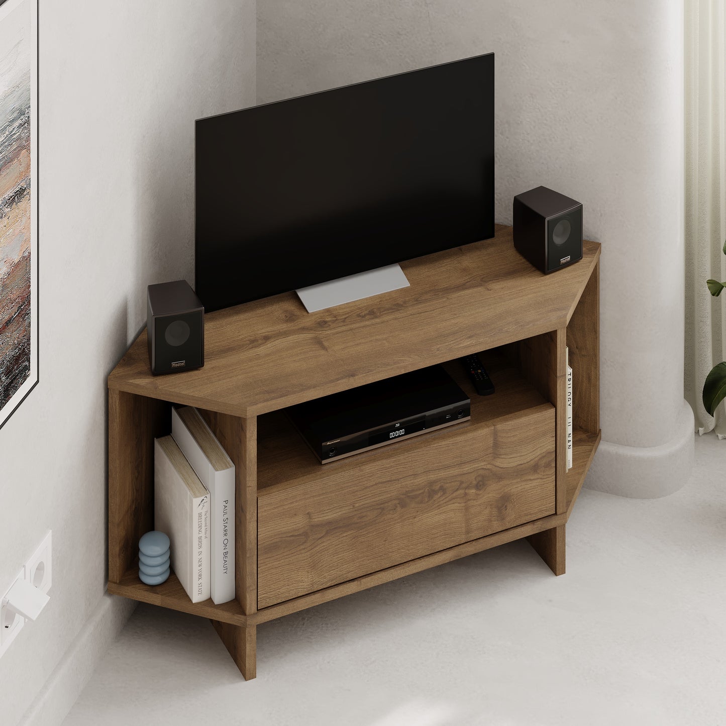 Corner TV Stand for 40 Inch TVs – Lila Modern Unit with Cabinet & Cable Management