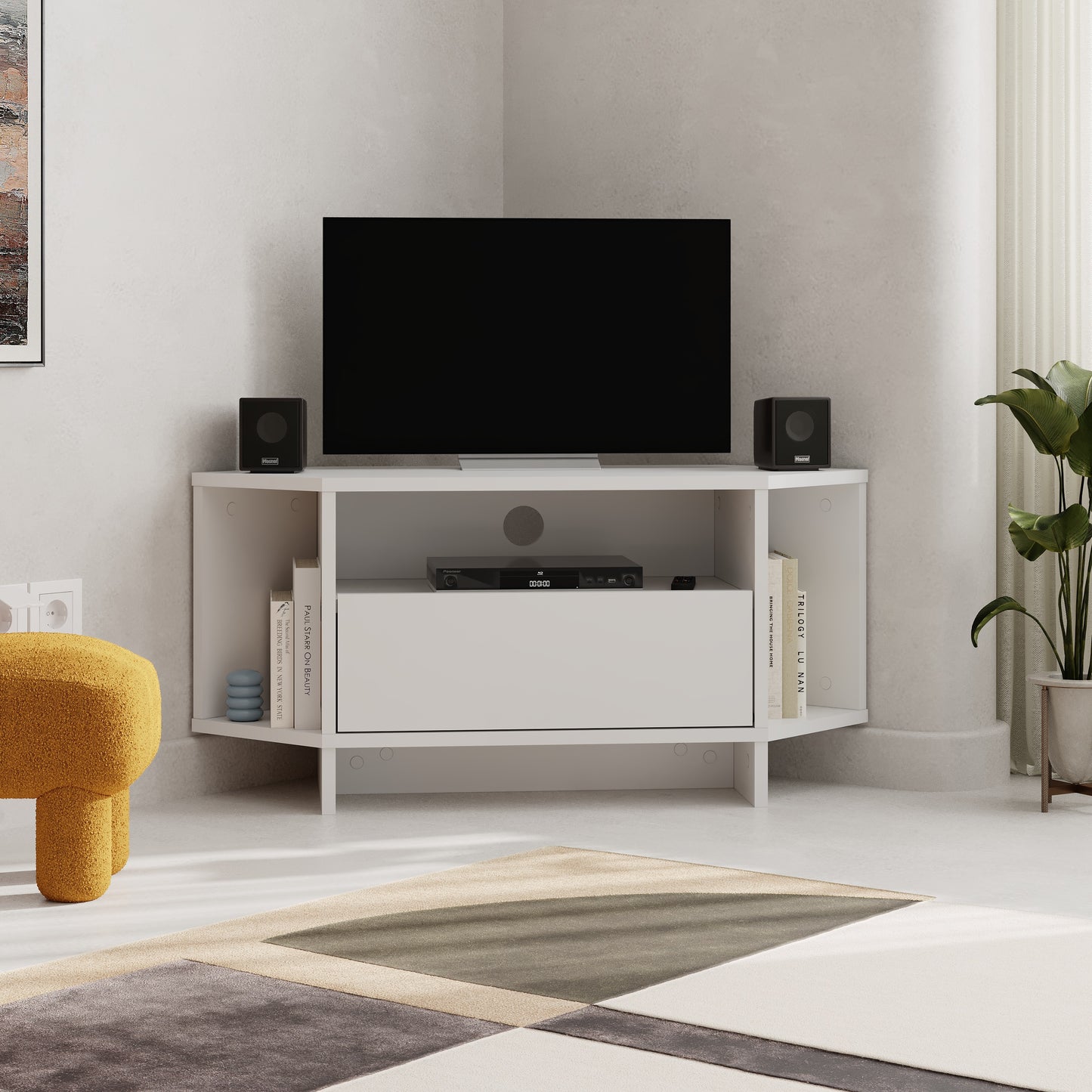 Corner TV Stand for 40 Inch TVs – Lila Modern Unit with Cabinet & Cable Management