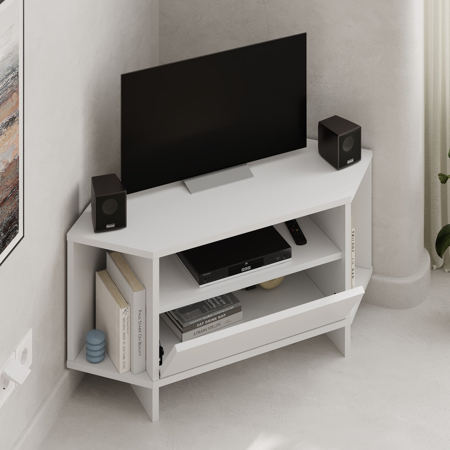 Corner TV Stand for 40 Inch TVs – Lila Modern Unit with Cabinet & Cable Management
