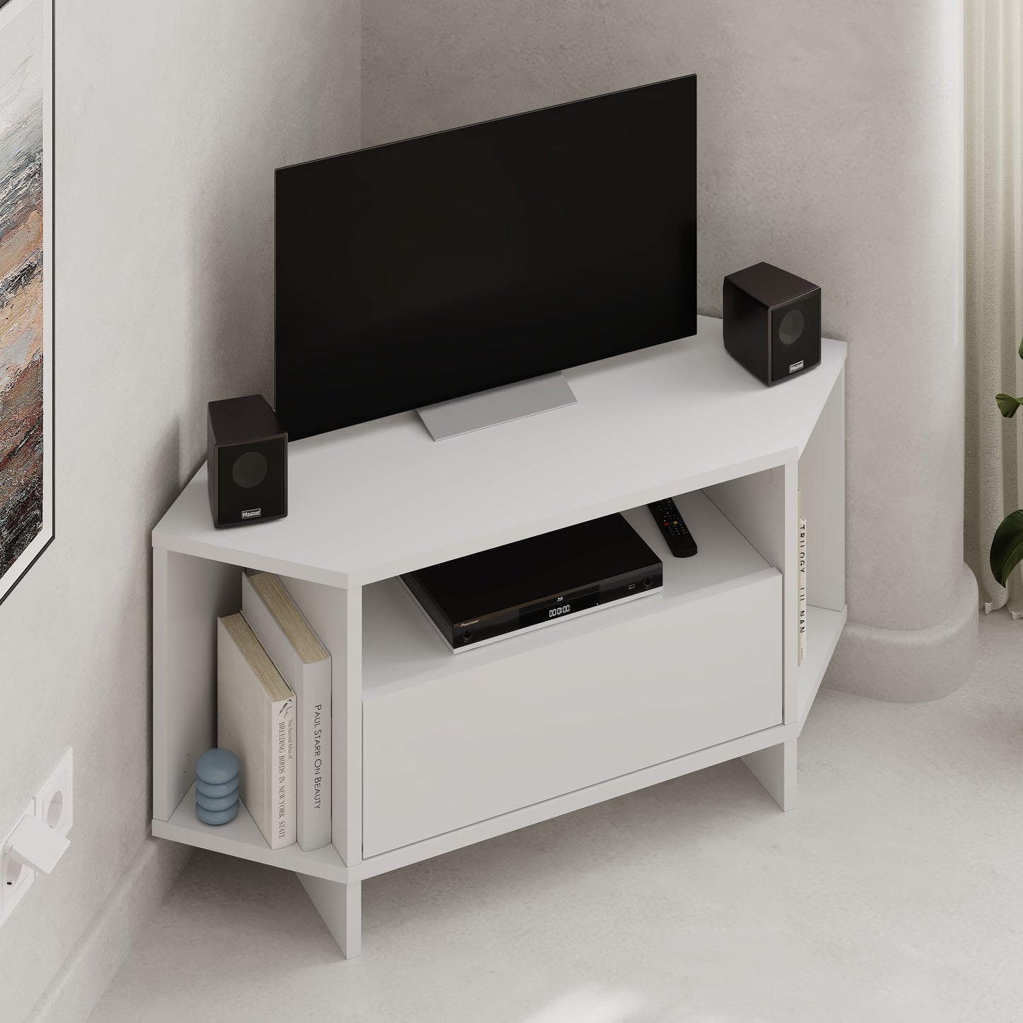 Corner TV Stand for 40 Inch TVs – Lila Modern Unit with Cabinet & Cable Management