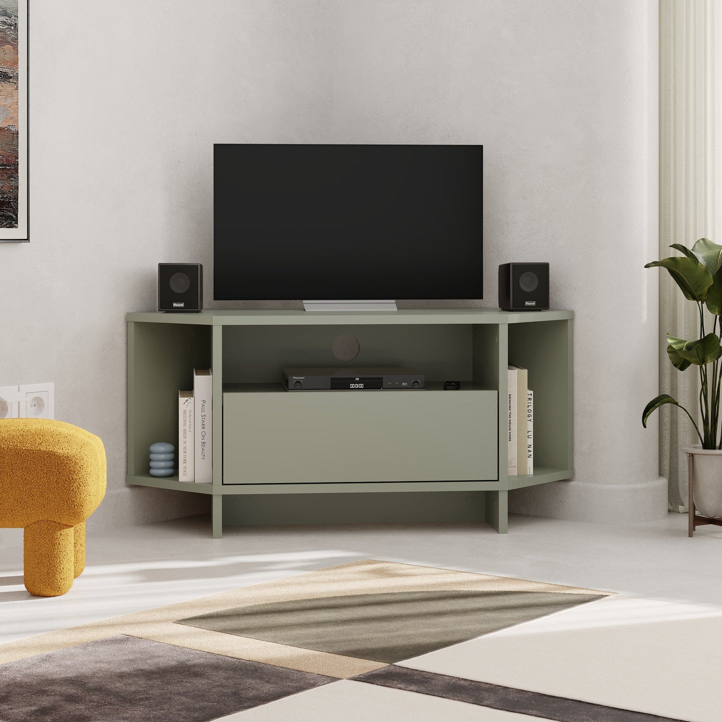 Corner TV Stand for 40 Inch TVs – Lila Modern Unit with Cabinet & Cable Management