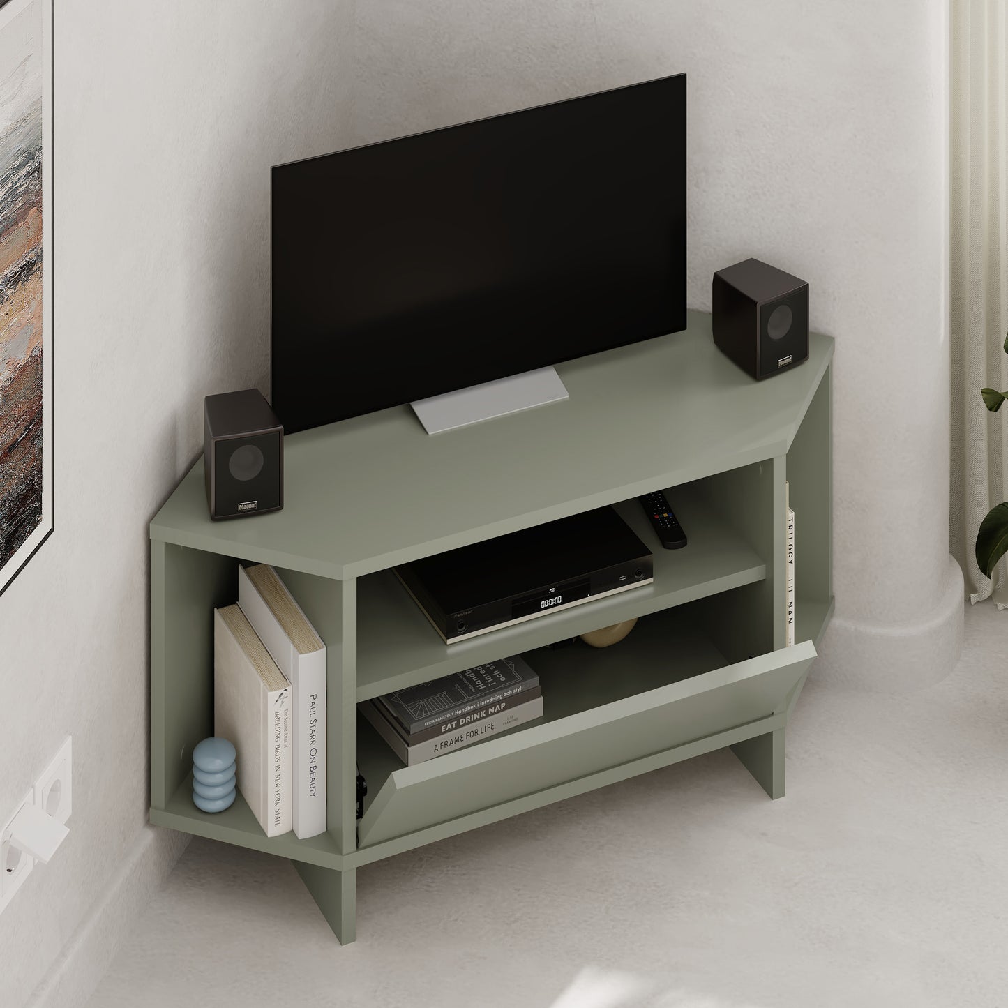Corner TV Stand for 40 Inch TVs – Lila Modern Unit with Cabinet & Cable Management