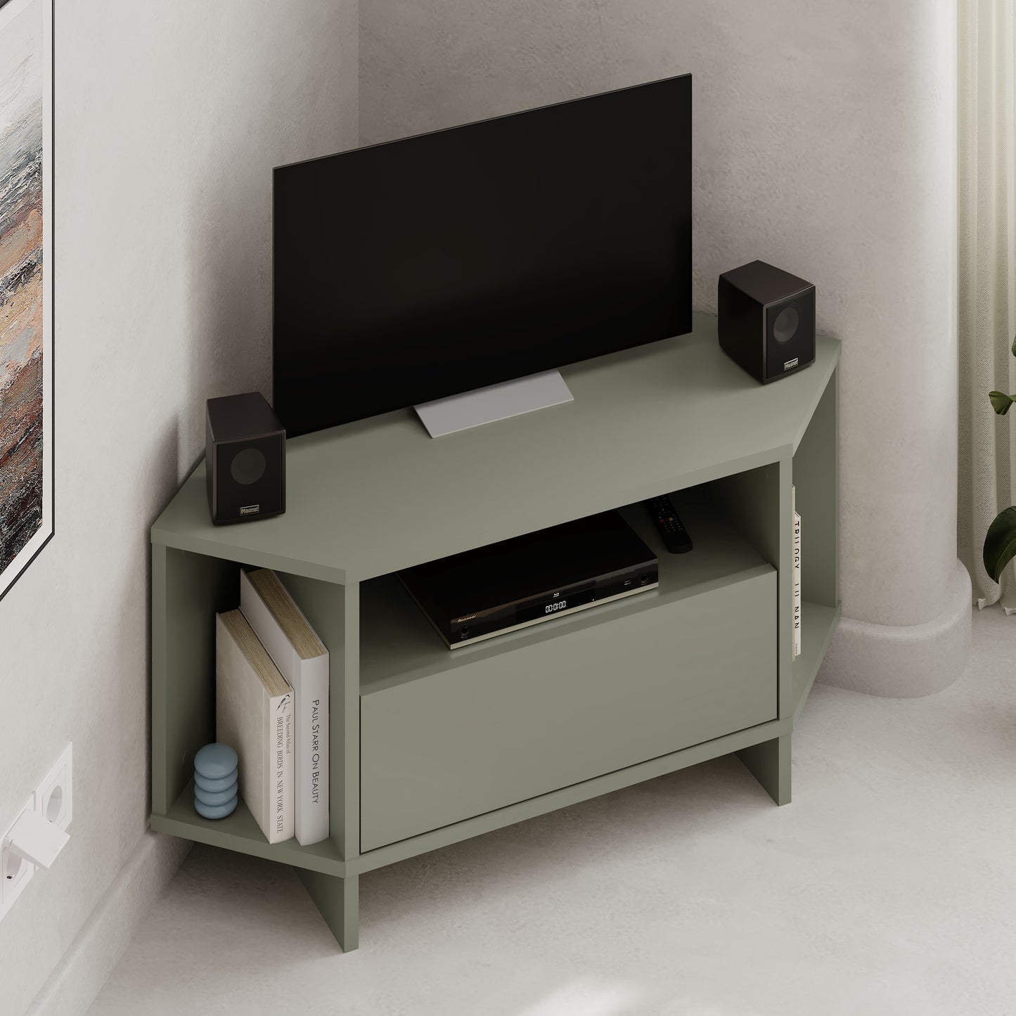 Corner TV Stand for 40 Inch TVs – Lila Modern Unit with Cabinet & Cable Management