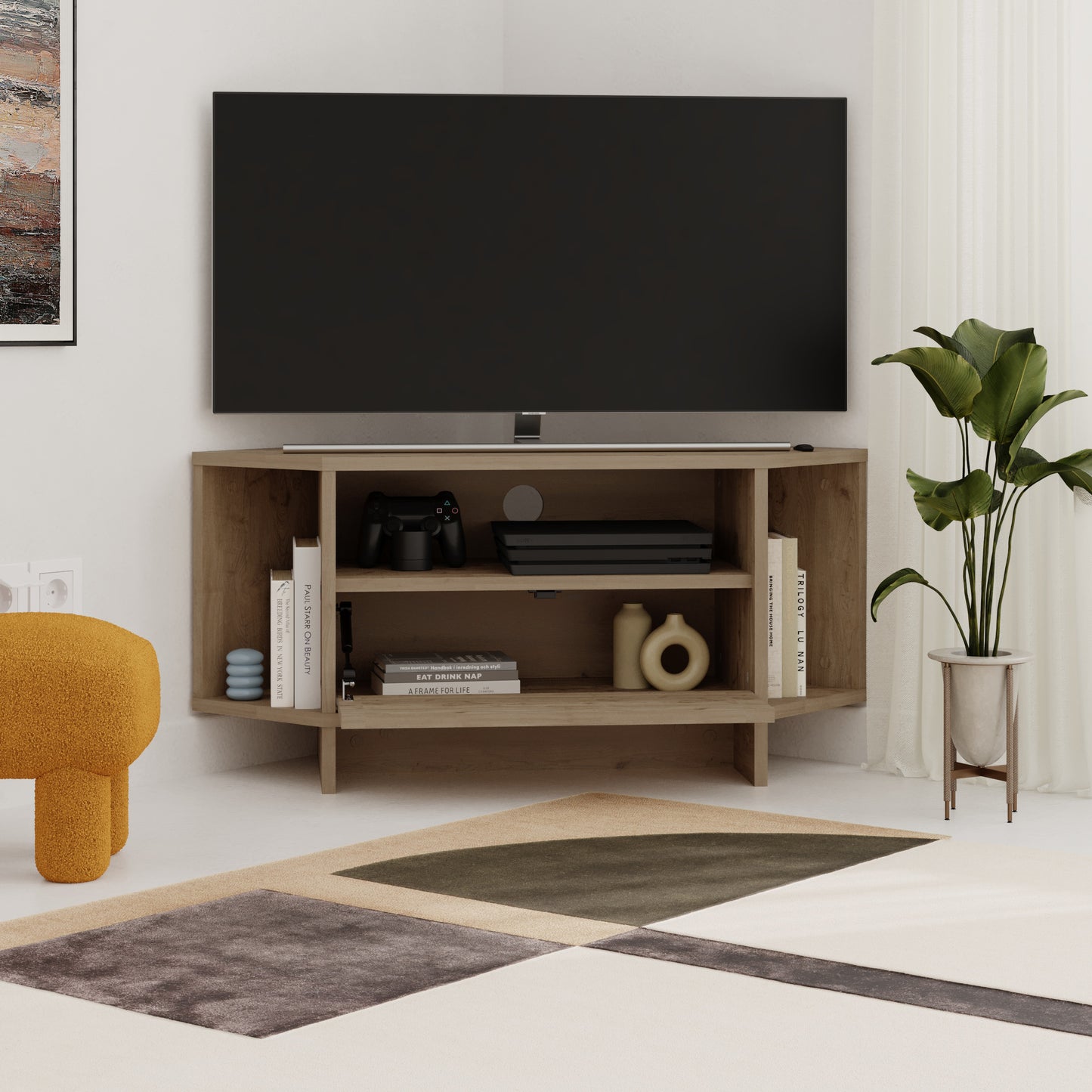 Corner TV Stand for 40 Inch TVs – Lila Modern Unit with Cabinet & Cable Management