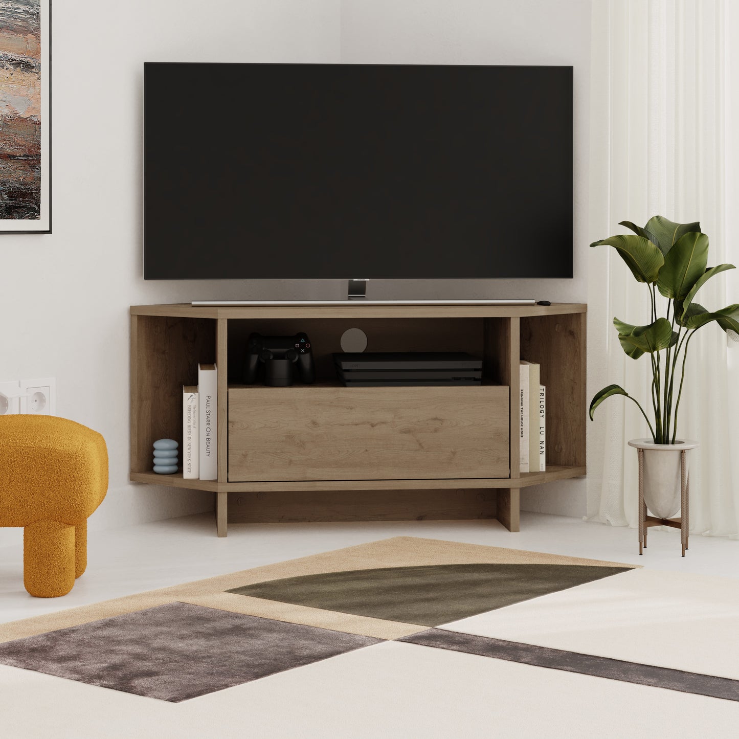 Corner TV Stand for 40 Inch TVs – Lila Modern Unit with Cabinet & Cable Management