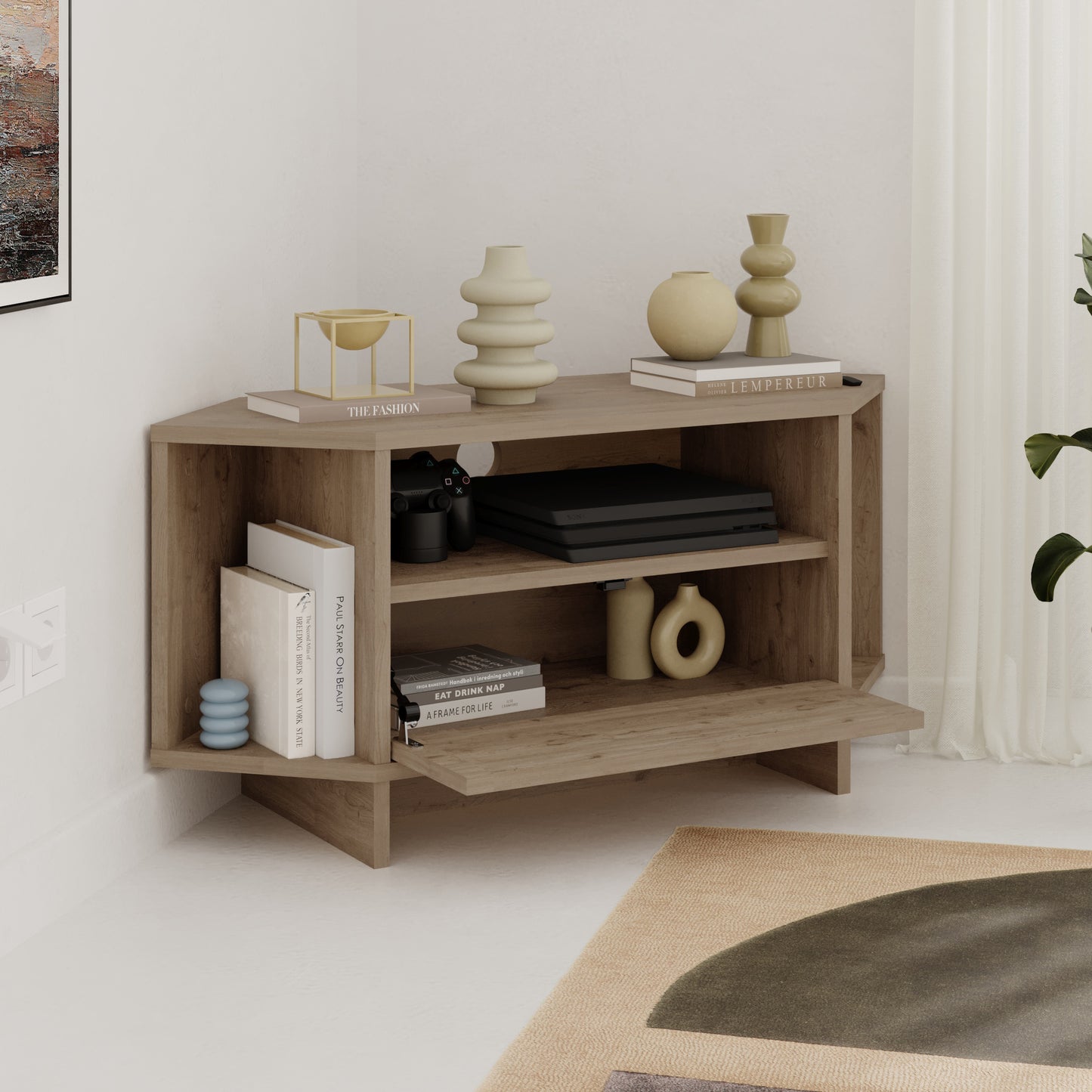 Corner TV Stand for 40 Inch TVs – Lila Modern Unit with Cabinet & Cable Management