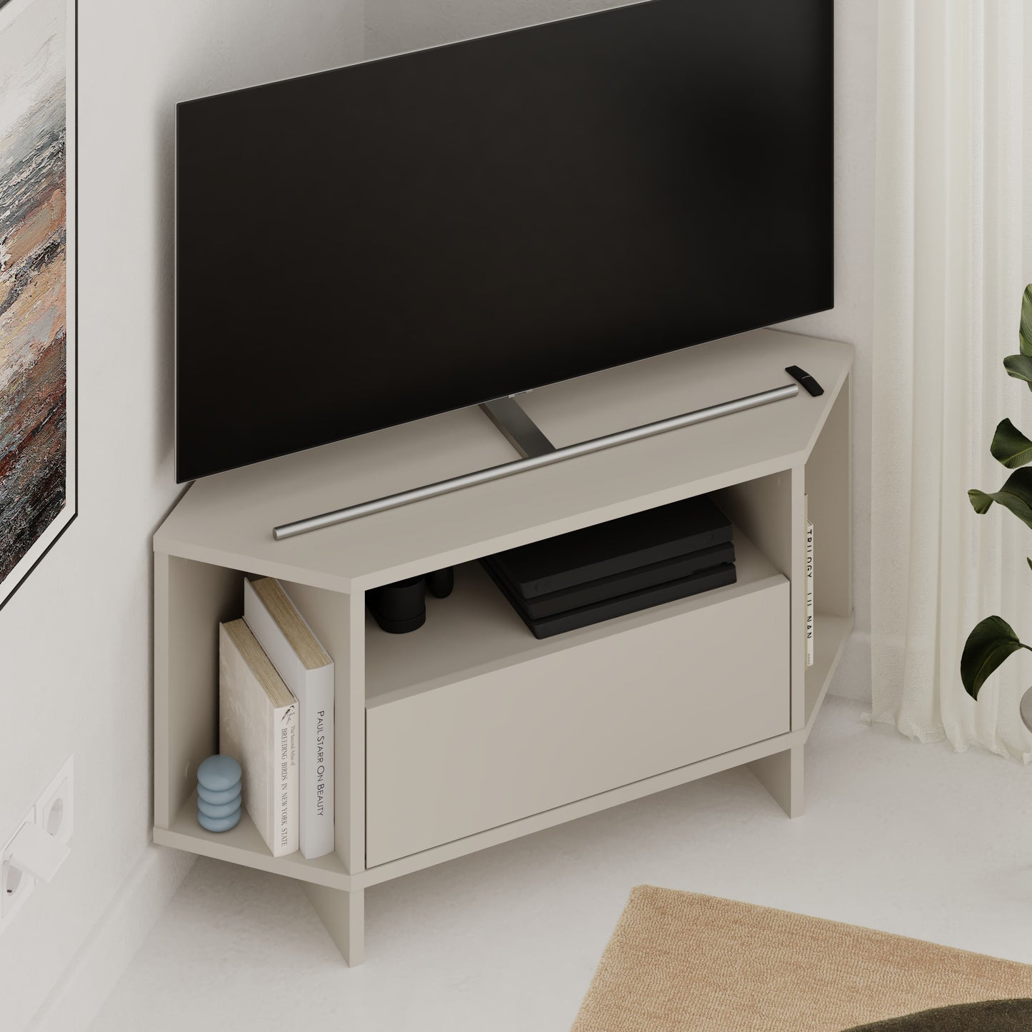Corner TV Stand for 40 Inch TVs – Lila Modern Unit with Cabinet & Cable Management