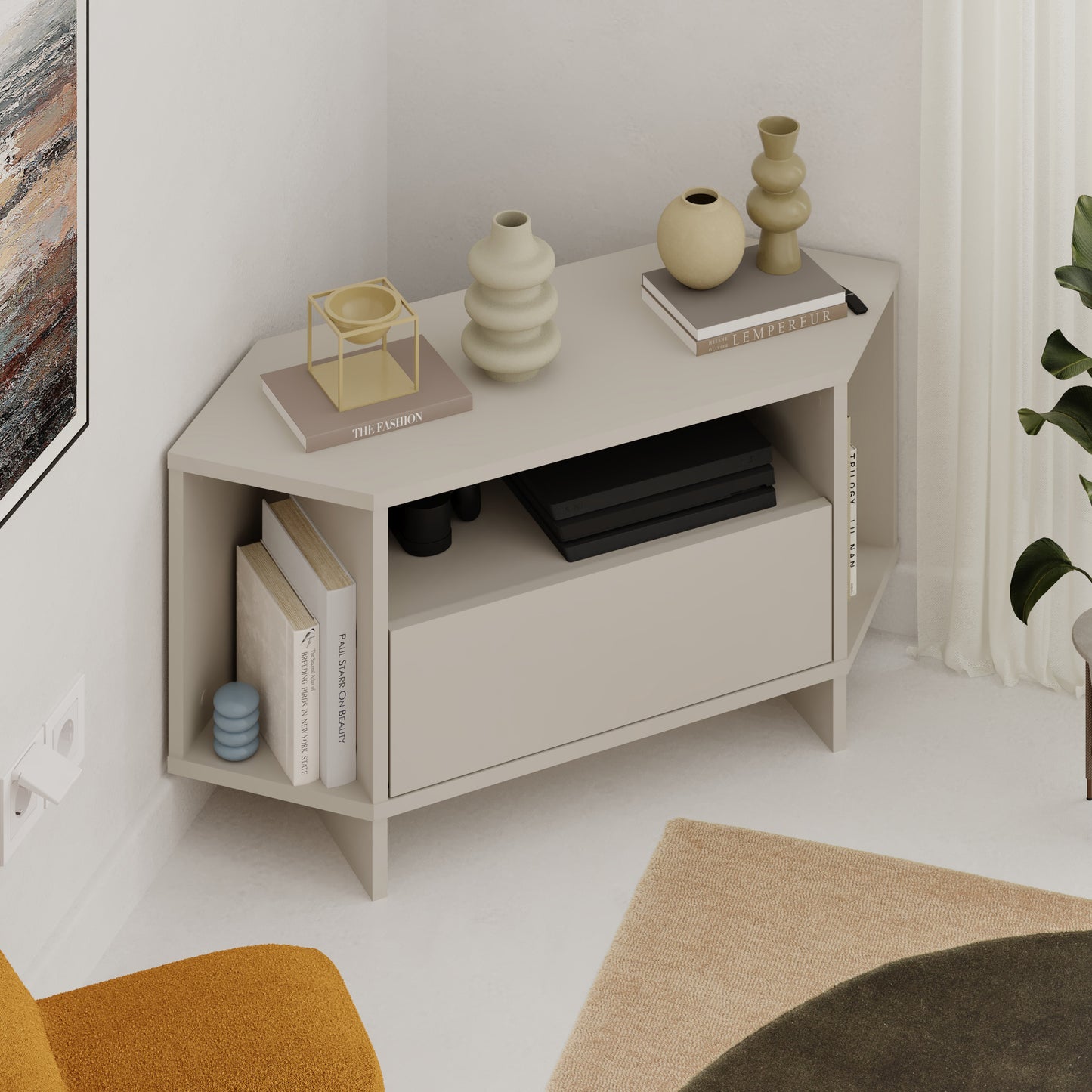 Corner TV Stand for 40 Inch TVs – Lila Modern Unit with Cabinet & Cable Management