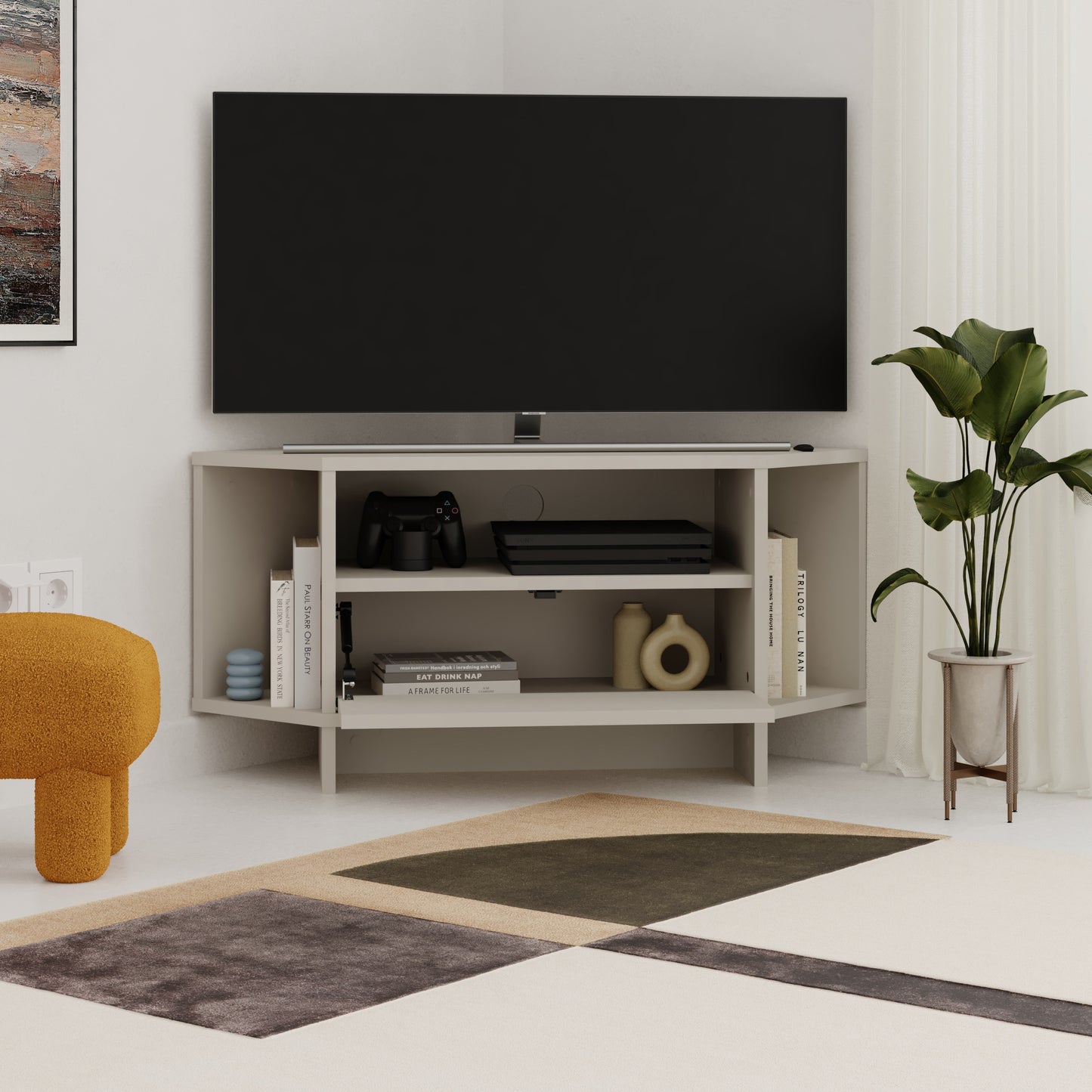 Corner TV Stand for 40 Inch TVs – Lila Modern Unit with Cabinet & Cable Management