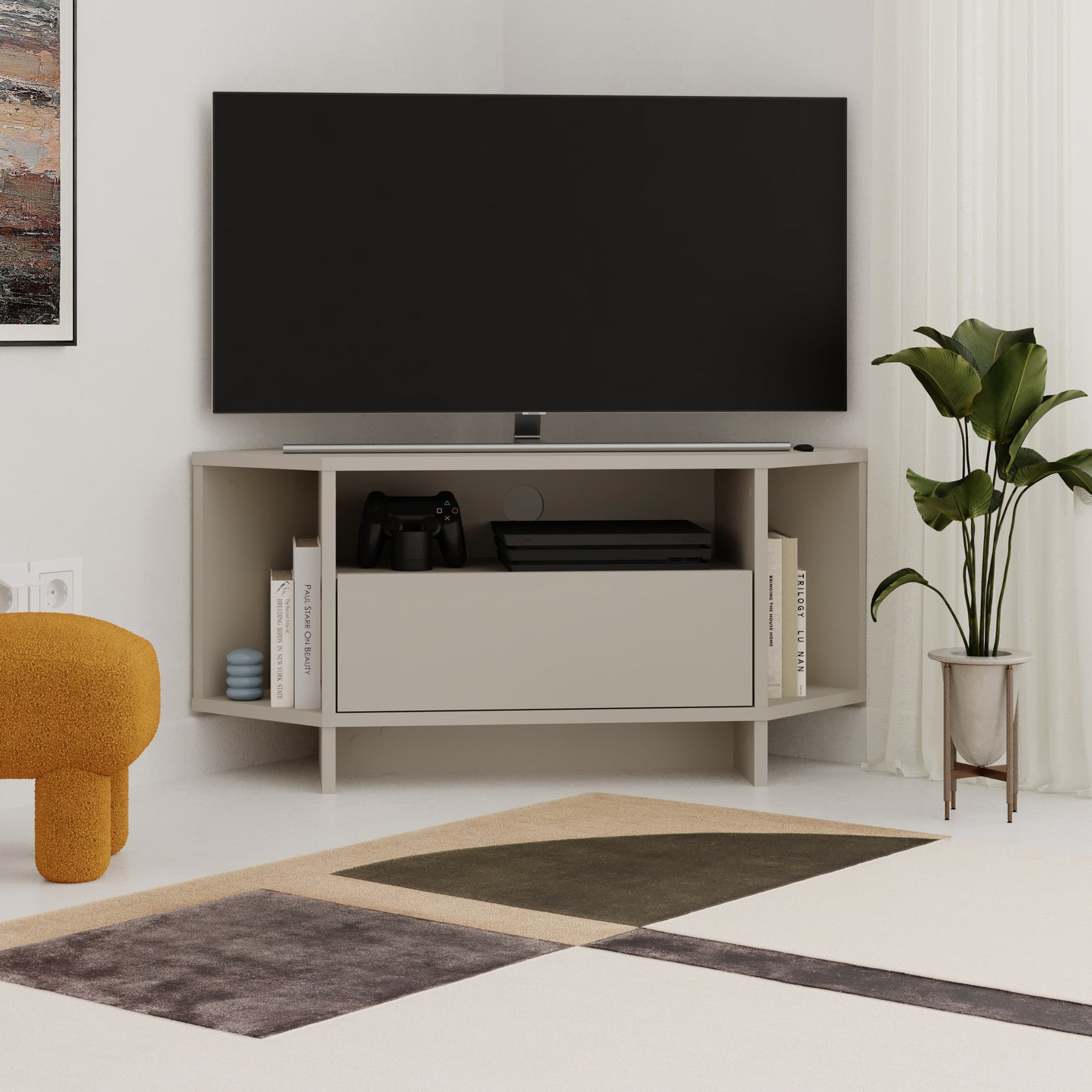 Corner TV Stand for 40 Inch TVs – Lila Modern Unit with Cabinet & Cable Management