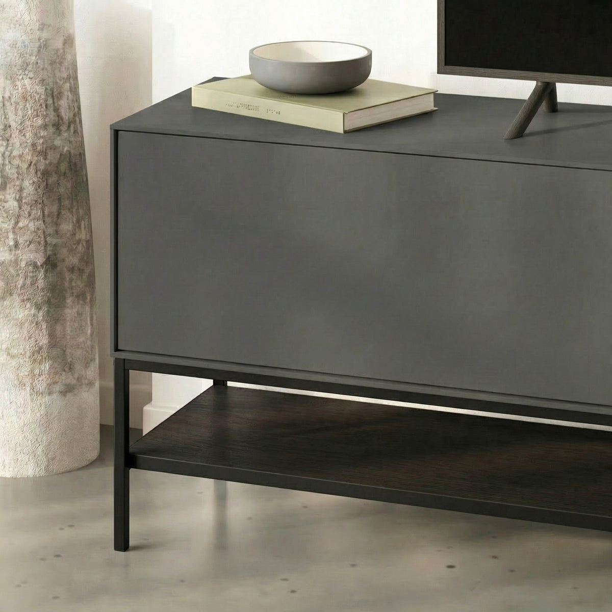 Arnvo 180cm TV Stand with Push-to-Open Doors & Metal Legs — Anthracite Grey-Black Wood