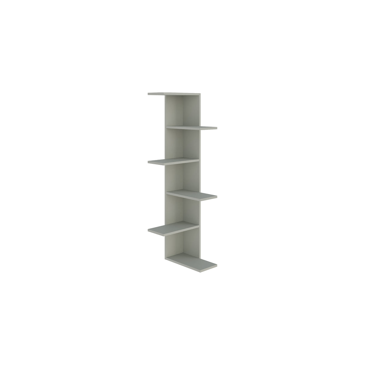 Slim corner bookcase with open vertical shelves, ideal for storing books or décor in small modern living spaces