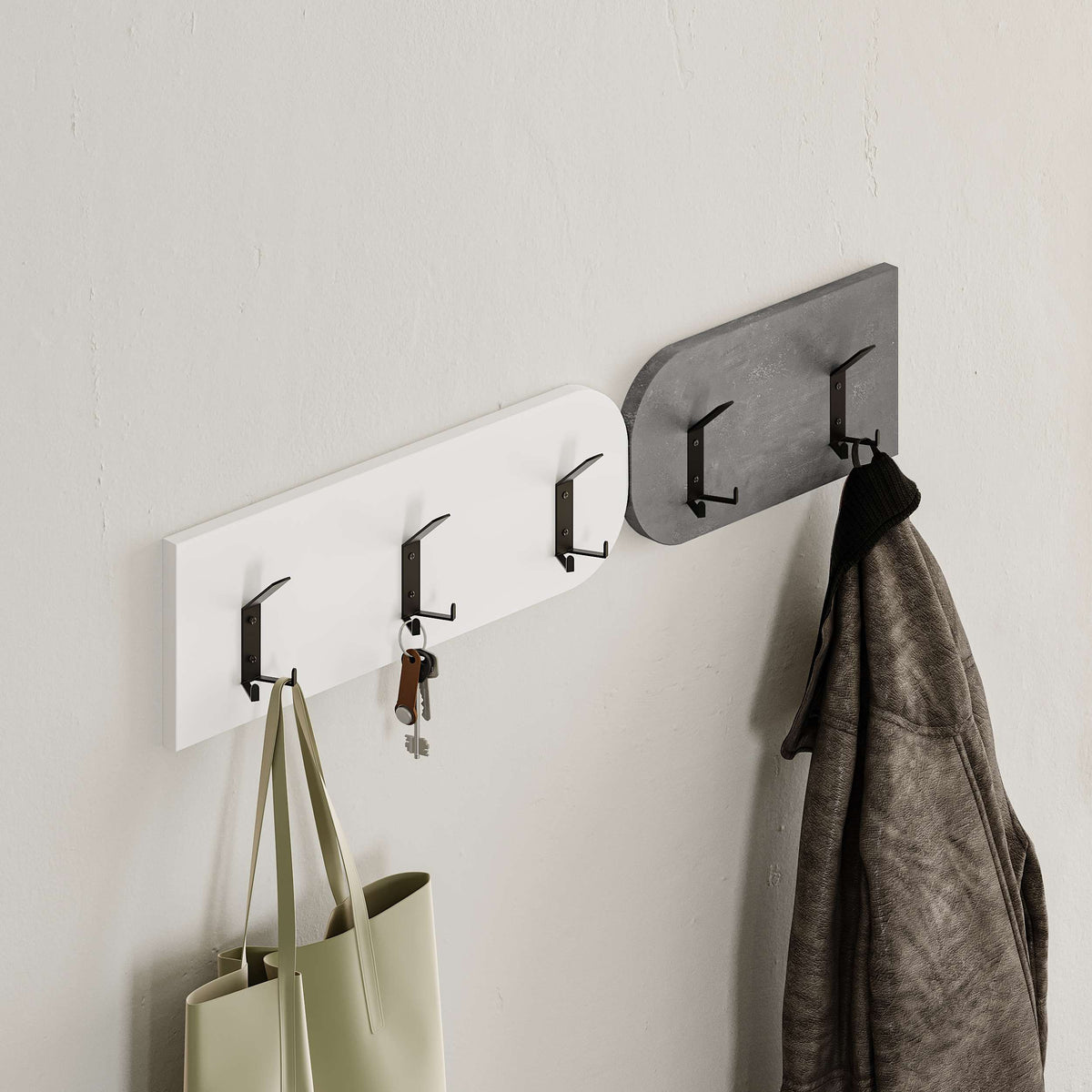 Hallway storage bench with cushioned seat, cabinet space and matching wall hooks, ideal for organised entryways.