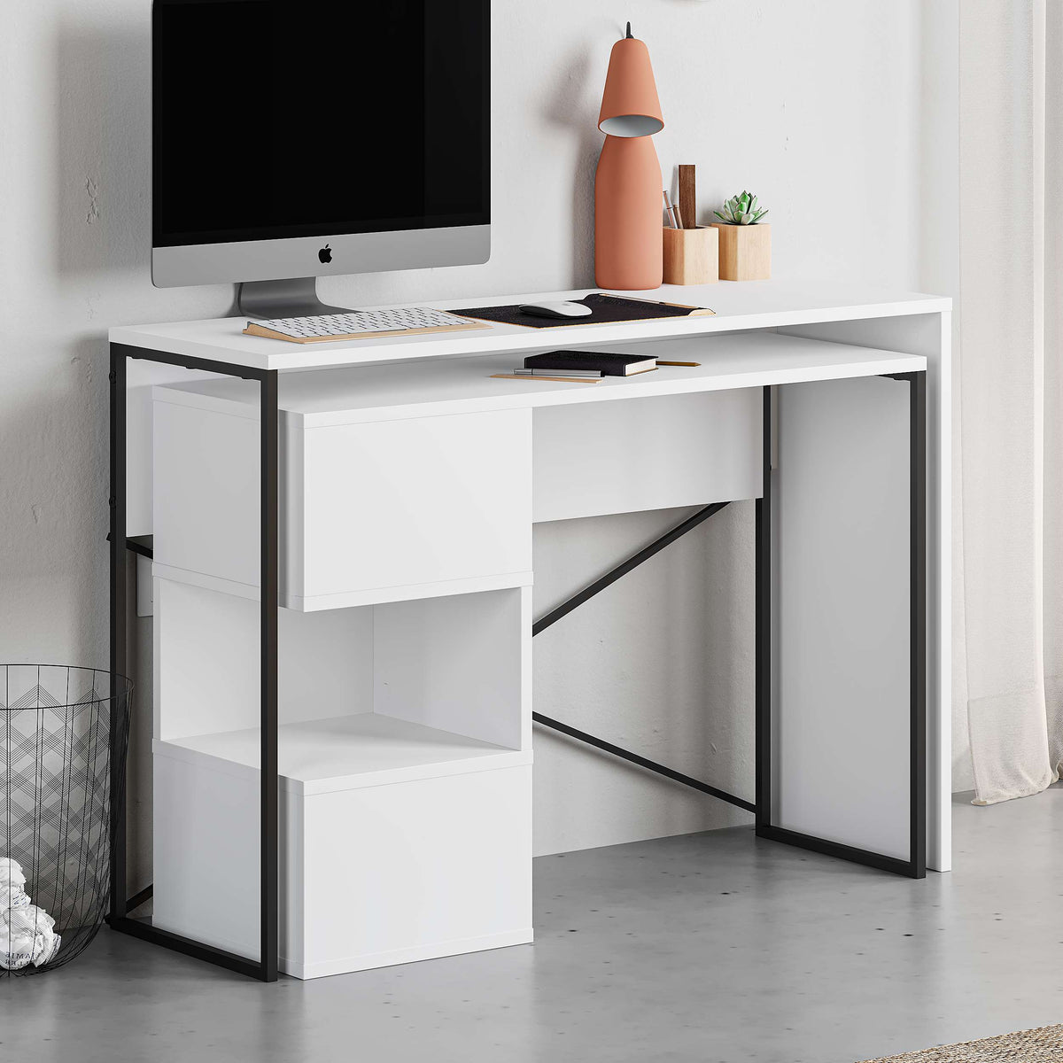 L-shaped computer desk with open shelves for home office, study or gaming setup