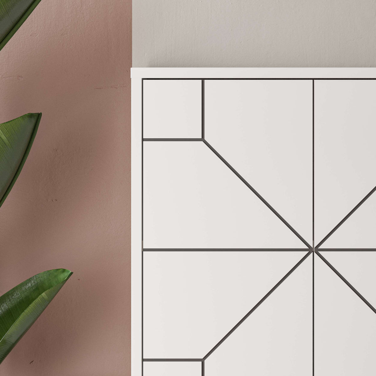 Tall particle board storage cabinet with geometric front panels and interior shelves for concealed organisation
