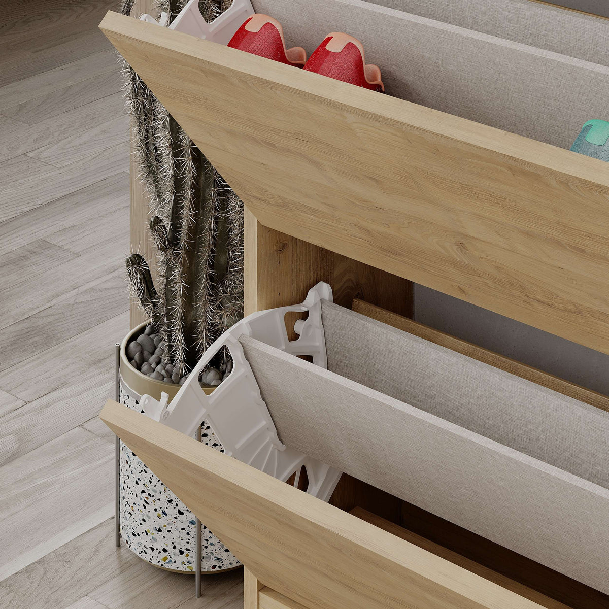 Slim oak-effect hallway shoe cabinet with 4 flap compartments, ideal for narrow entryway shoe storage.
