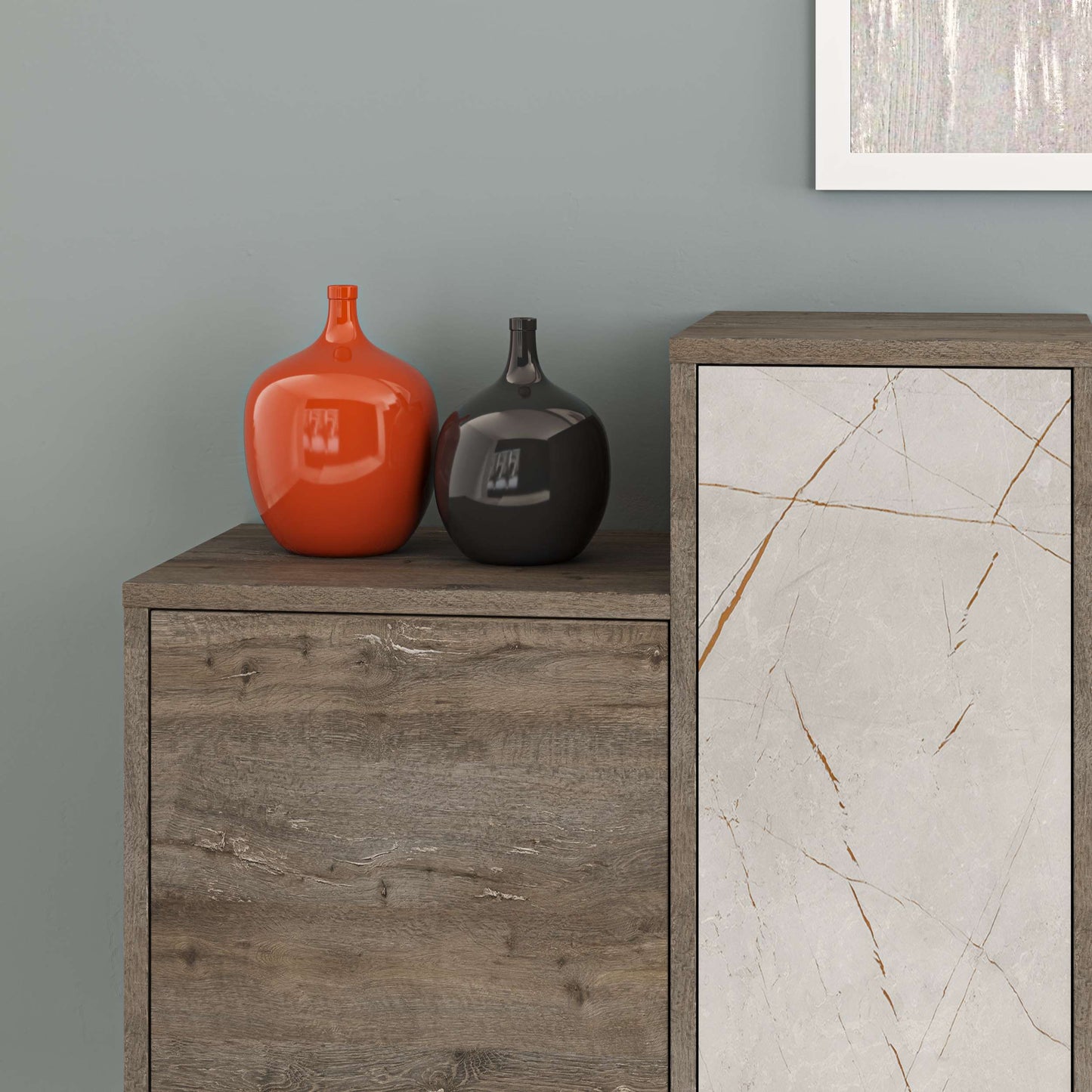 Wood-effect and marble-effect sideboard with stepped design and push-open cabinets, ideal for stylish living room or dining storage.