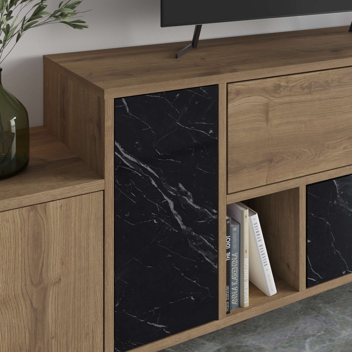 Stepped marble-effect and wood-effect TV unit with push-open drawers and shelves, ideal for stylish living room media storage.