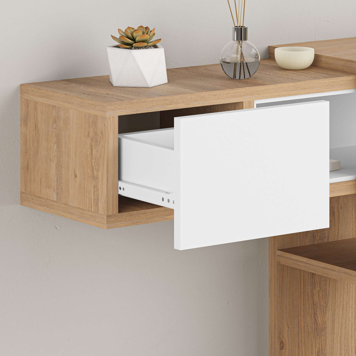 Compact dressing table with mirror, drawer and open shelves, ideal for small bedrooms and modern makeup storage.