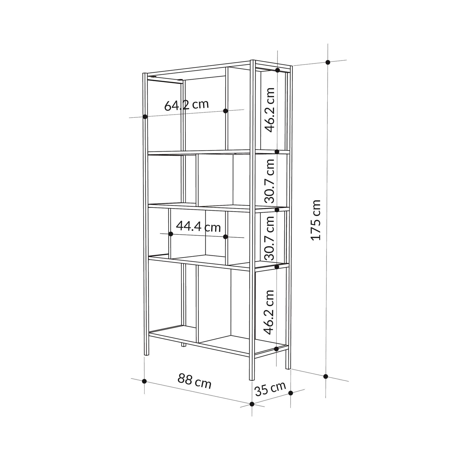 Industrial-style open bookcase with black metal frame and wood shelves, ideal for stylish home office or living space.