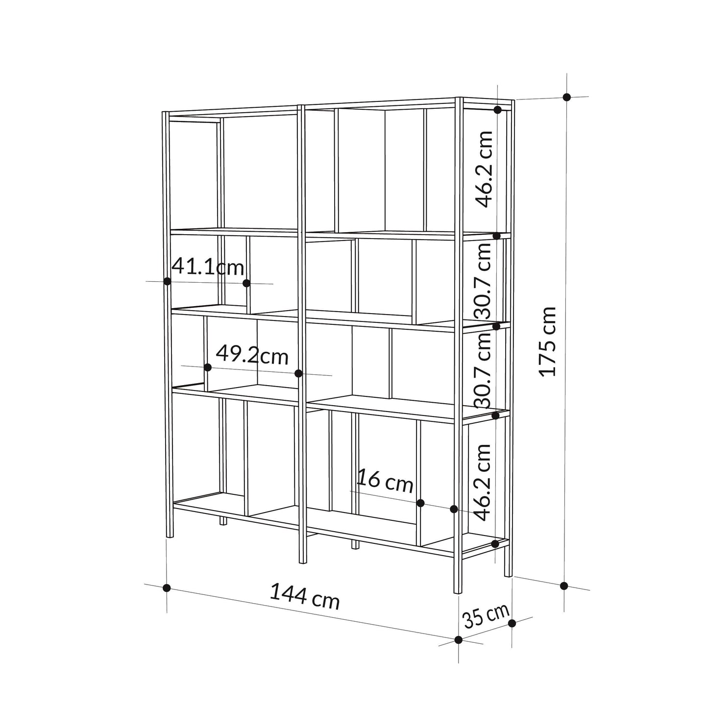 Modern industrial bookcase with open metal frame and wood shelves, ideal for living room or home office storage.