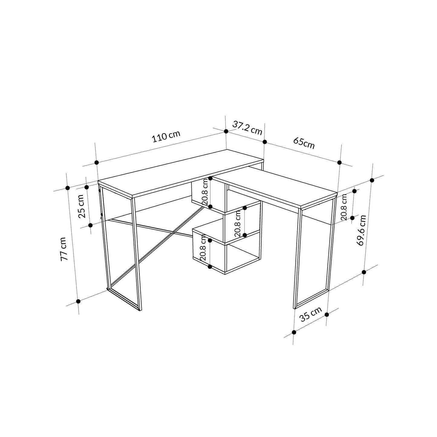 L-shaped computer desk with open shelves for home office, study or gaming setup