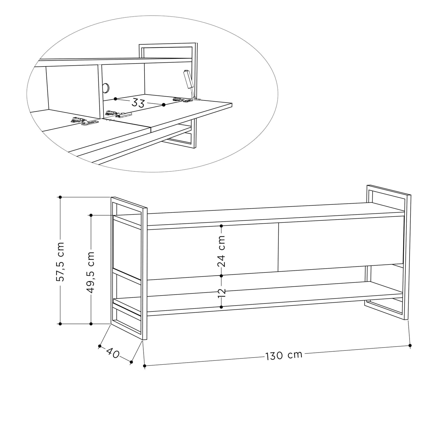 Modern TV stand with metal side frames, closed storage and open shelf, ideal for living room entertainment setup.