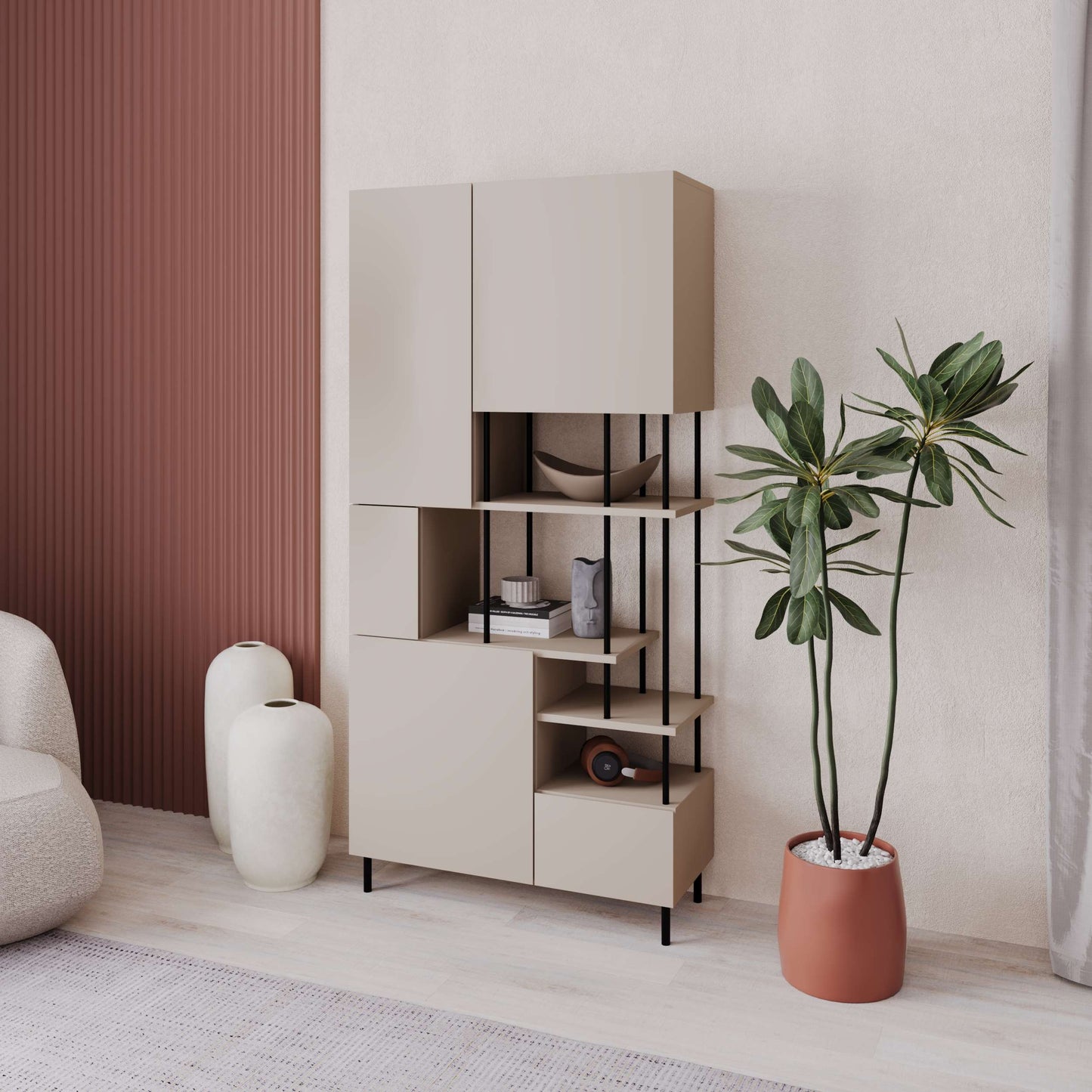 Tall multipurpose cabinet with mixed closed compartments and open shelving, ideal for living room or office storage.