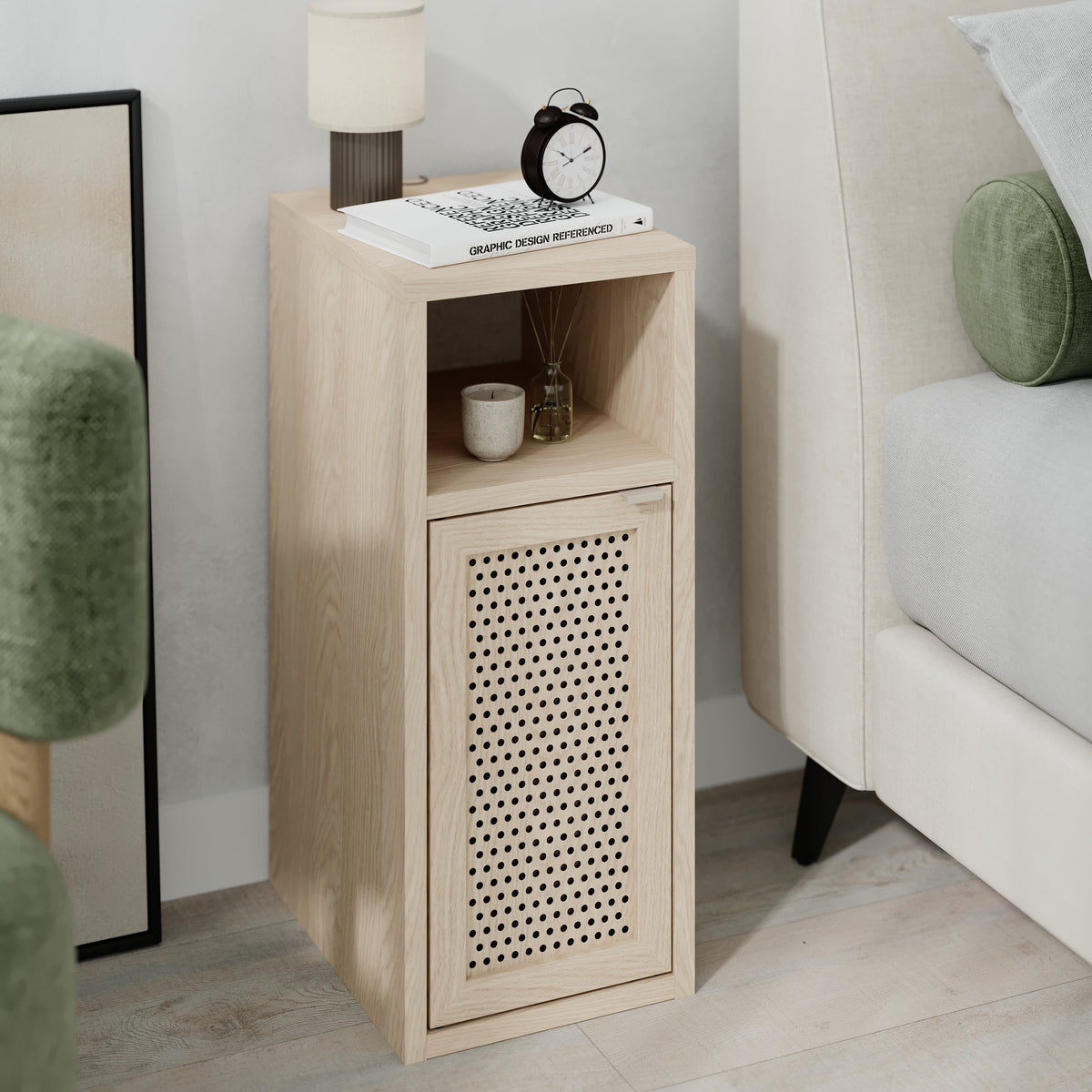 Keldo 25cm Slim Bedside Table with Cane-Effect Door and Open Shelf — Sonoma Oak, image 6