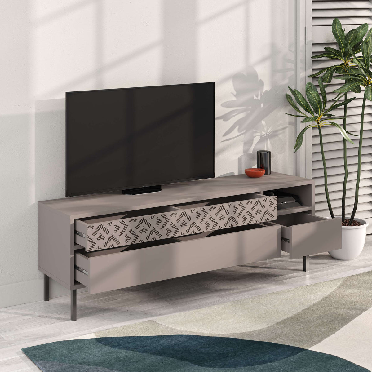 TV unit with drawers, open shelf and decorative front panel for living room media storage