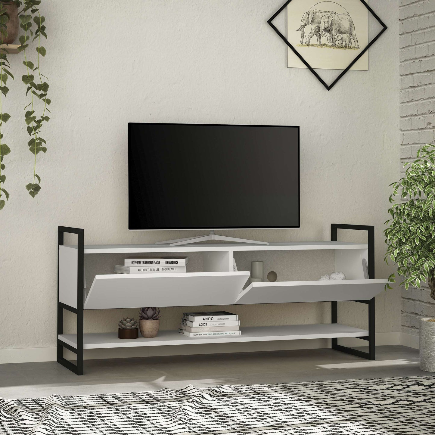 Modern TV stand with metal side frames, closed storage and open shelf, ideal for living room entertainment setup.