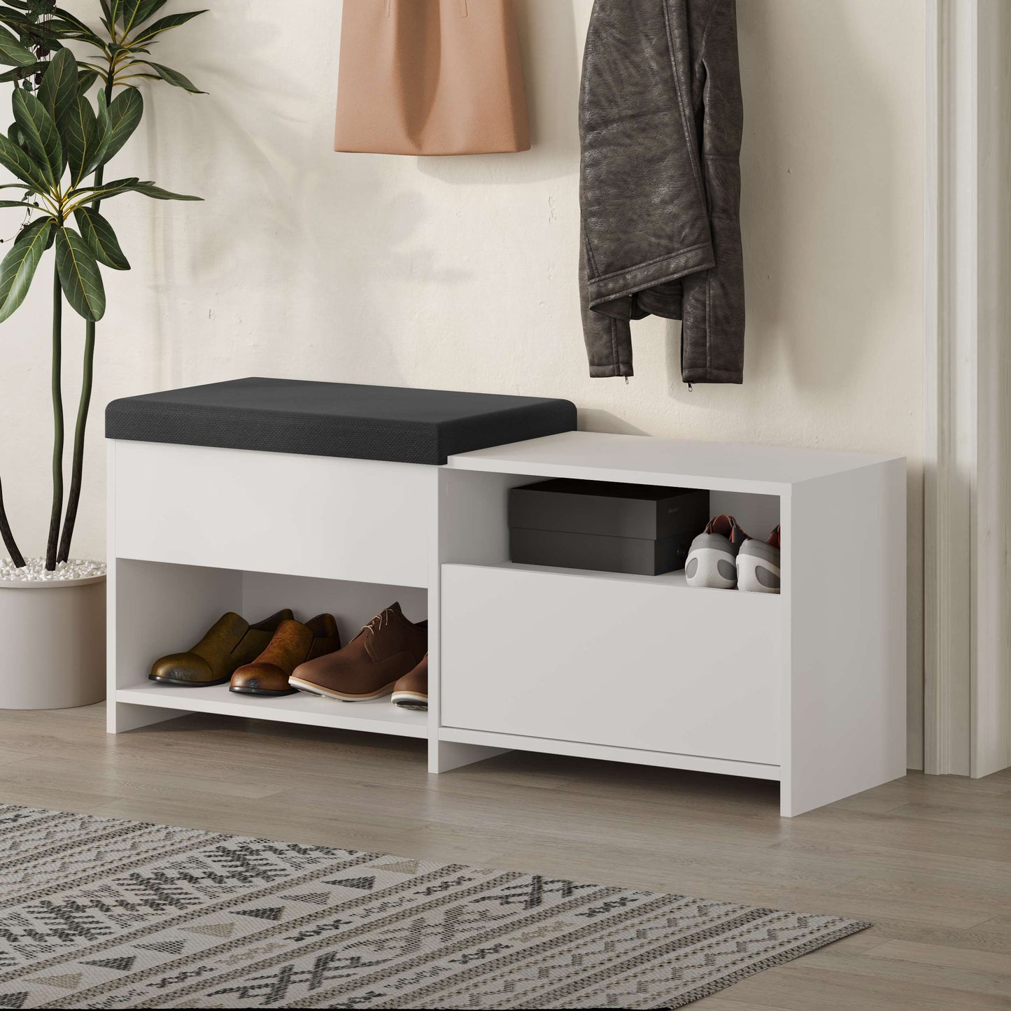 Compact hallway shoe bench with cushioned seat, open shelves and flap compartment, perfect for entryway storage.