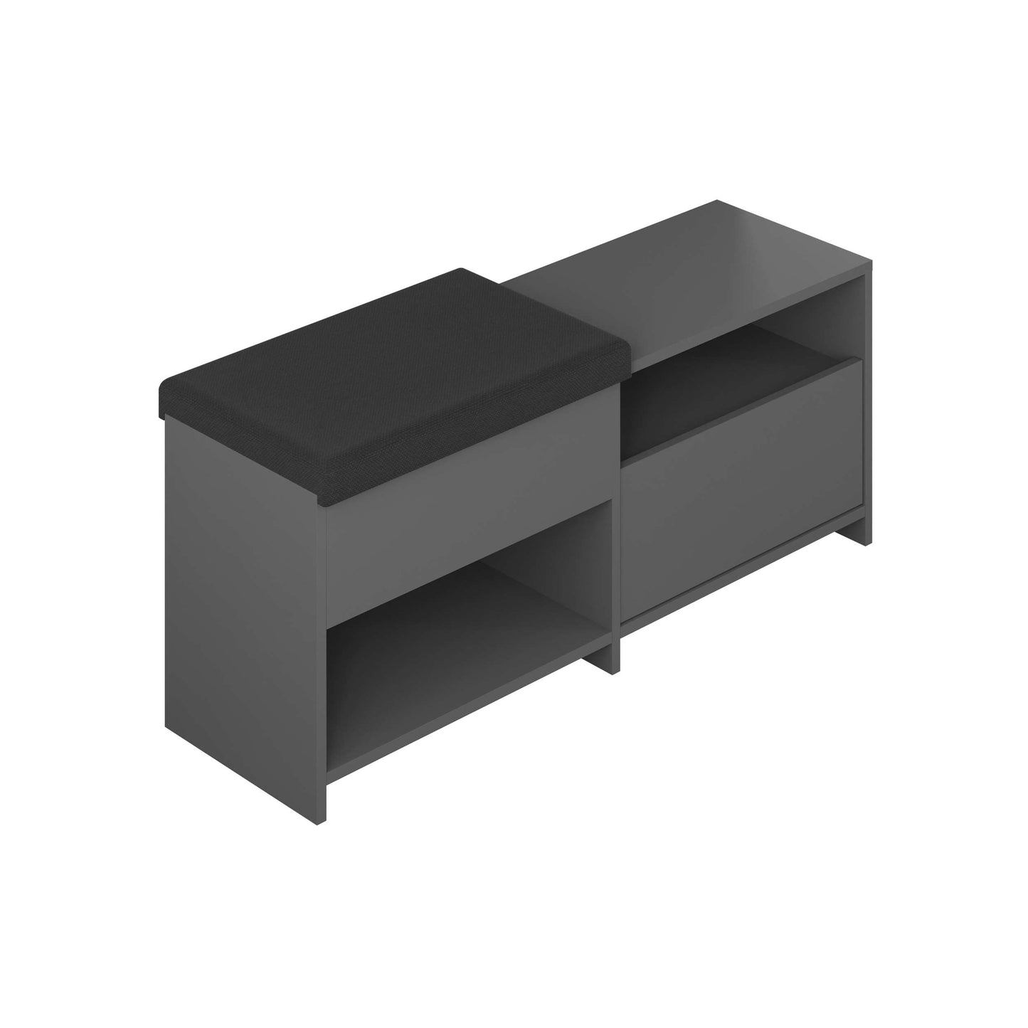 Compact hallway shoe bench with cushioned seat, open shelves and flap compartment, perfect for entryway storage.