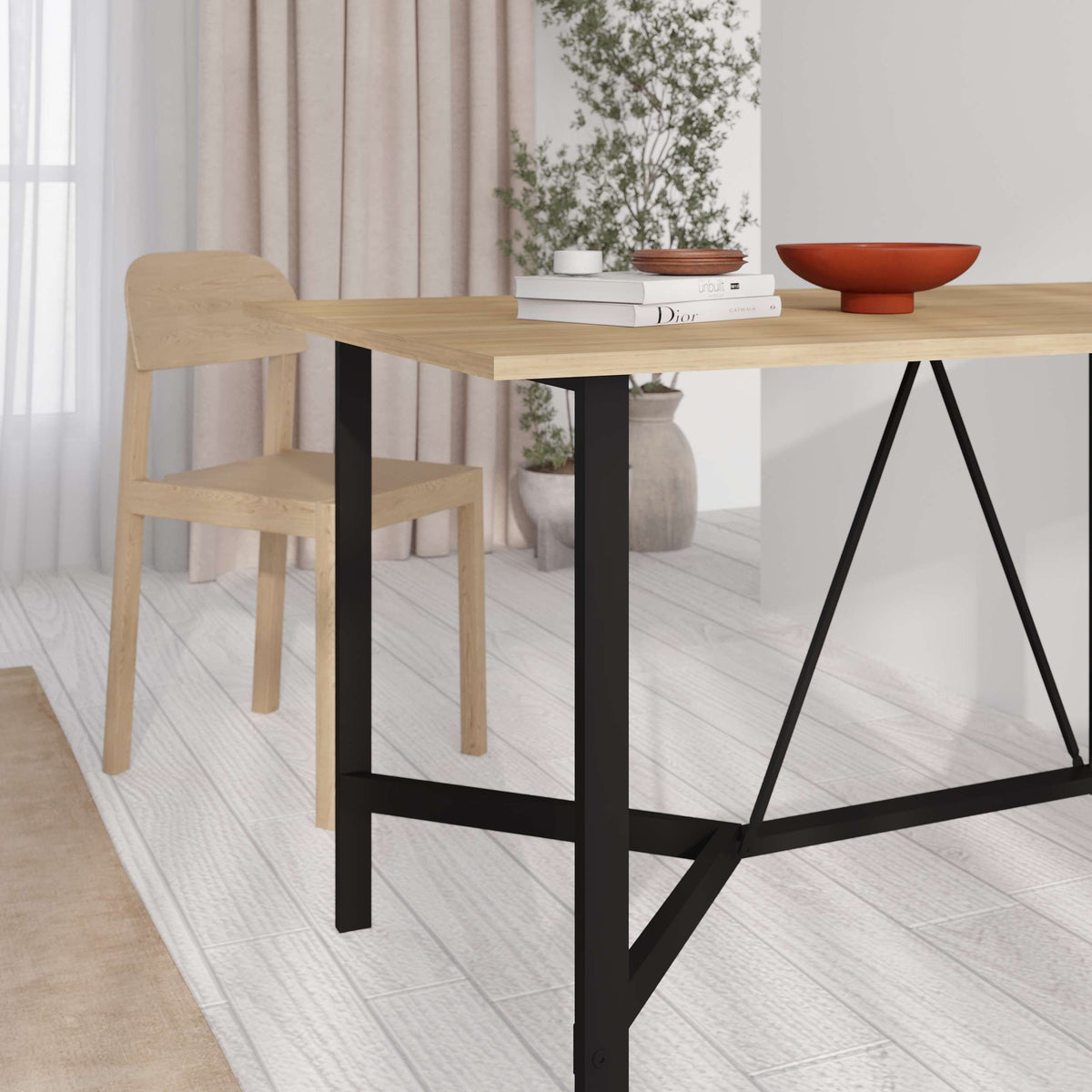 Rectangular dining table with metal frame and oak effect particle board top for modern kitchen or dining room