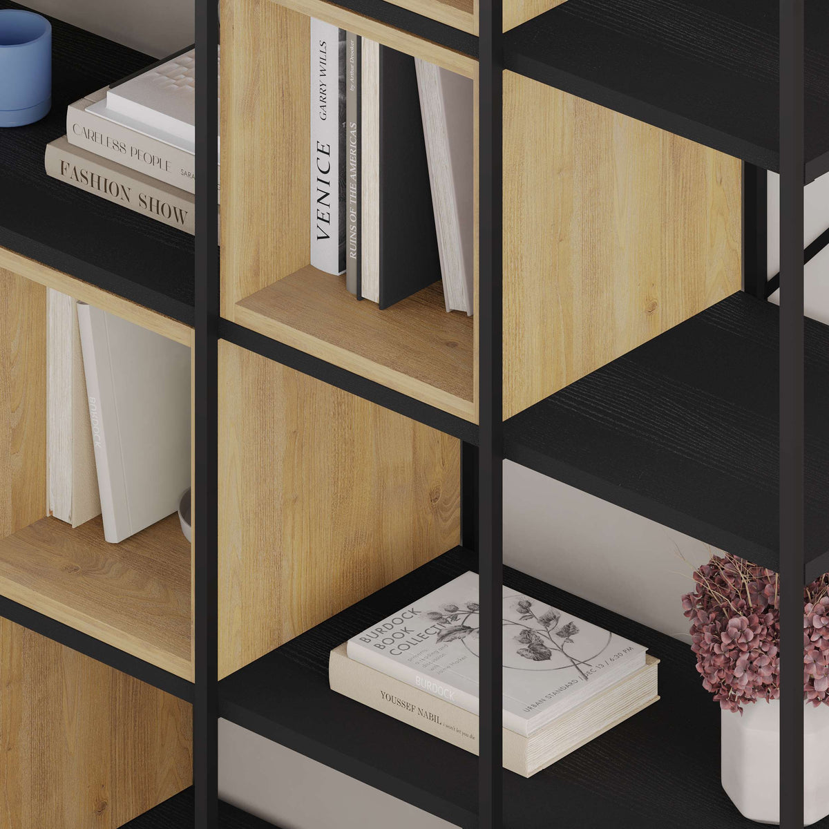 Large modular bookcase with cube shelves and black metal frame, perfect for spacious living rooms or home libraries.