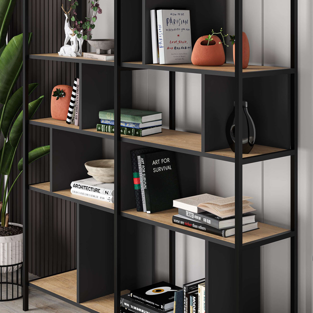 Modern industrial bookcase with open metal frame and wood shelves, ideal for living room or home office storage.