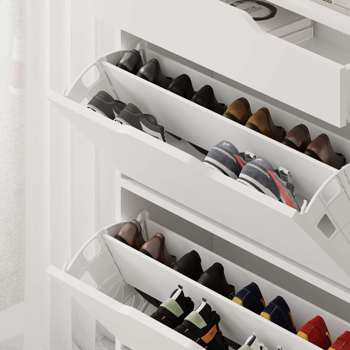 Space-saving shoe cabinet with 3-tier flip drawers and top storage drawer, ideal for hallway or bedroom organisation