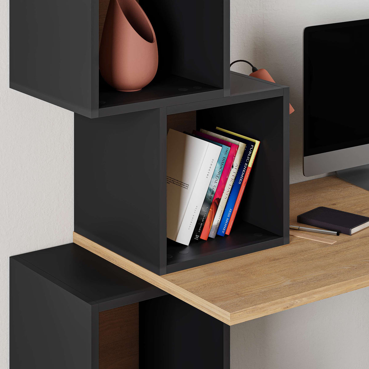 Modern oak and black desk with open cube shelves for home office, student room or workspace setup