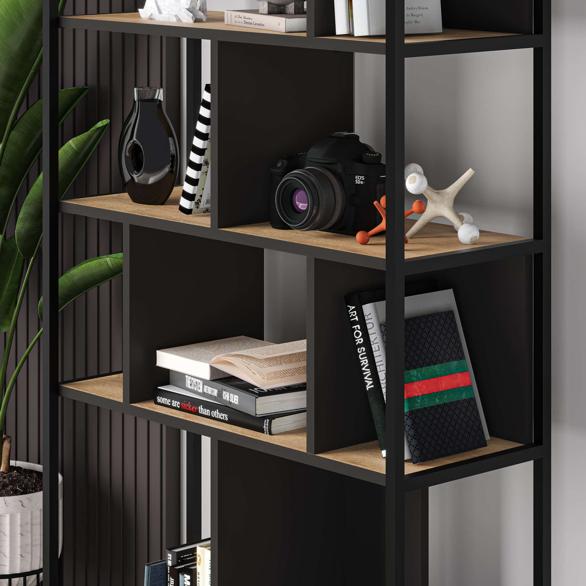 Industrial-style open bookcase with black metal frame and wood shelves, ideal for stylish home office or living space.