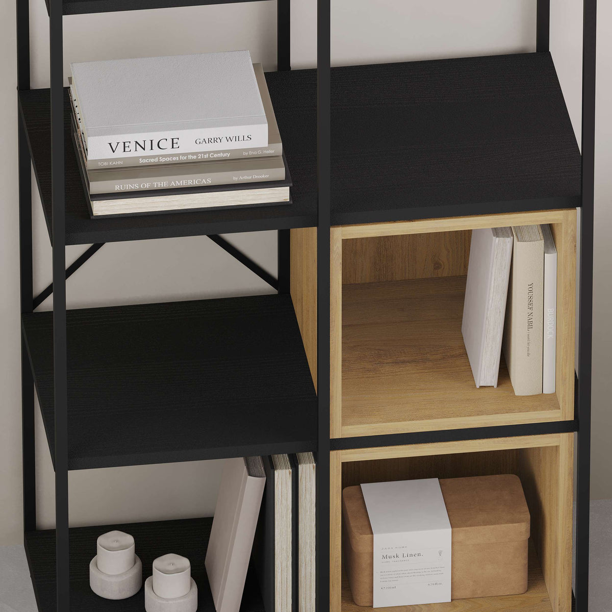 Contemporary open bookcase with cube shelves and metal frame, ideal for living room or study room storage.