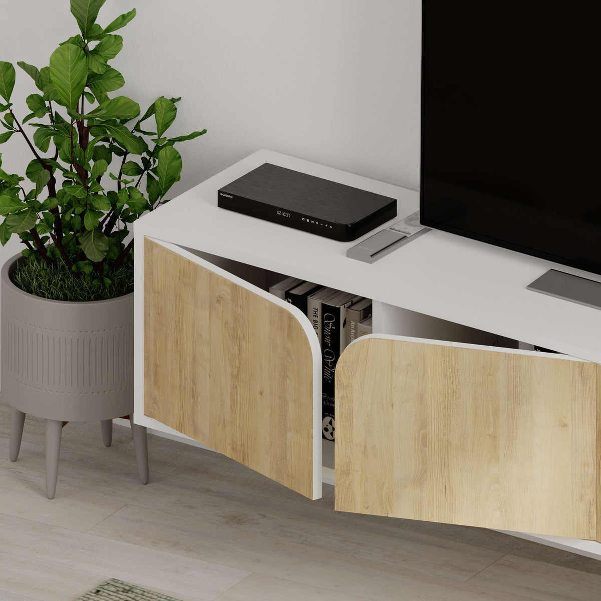 Wall-mounted TV unit with 4 storage cabinets, ideal for living room entertainment setup and cable organisation